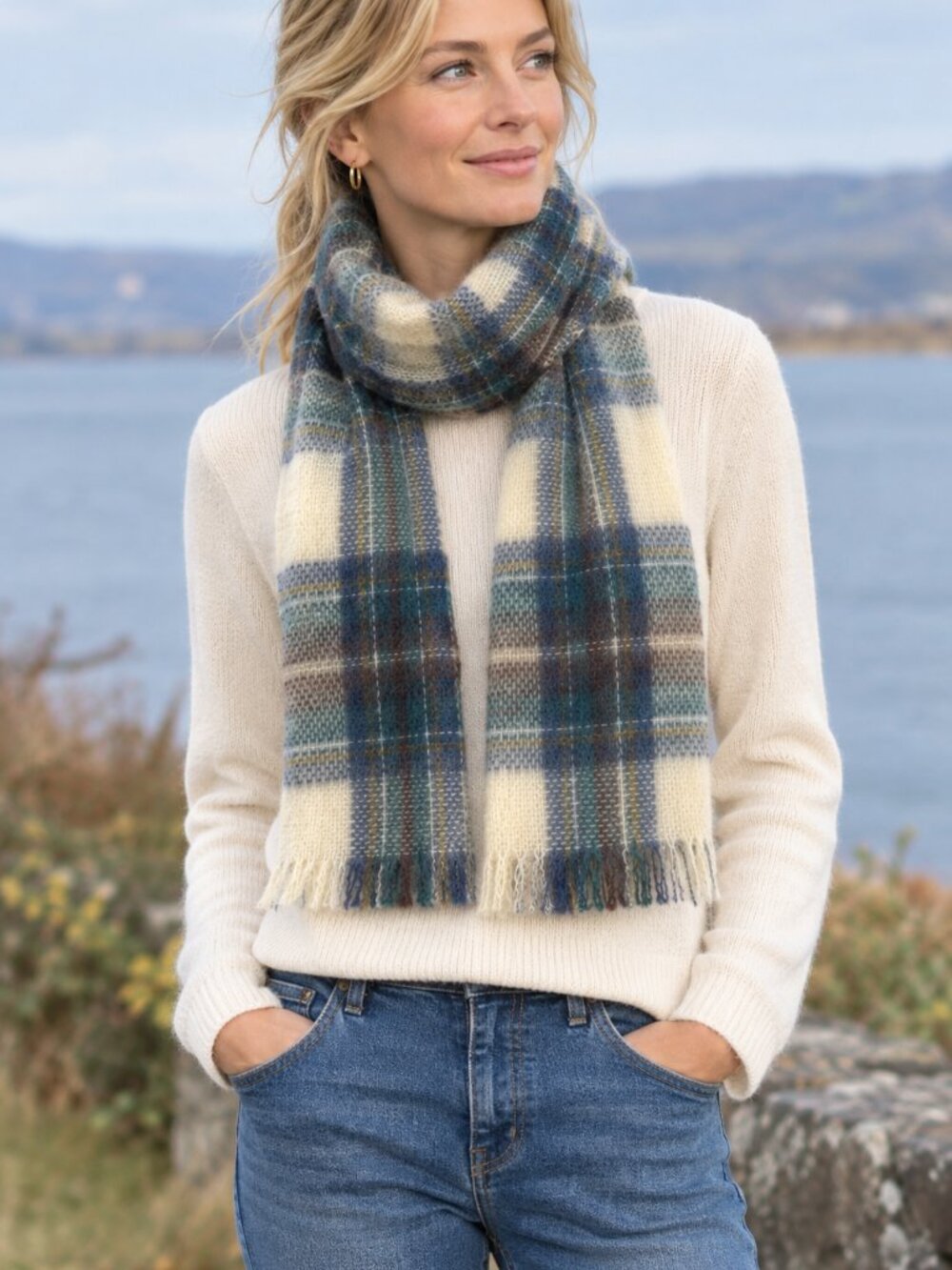 Highland Home Industries Plaid Mohair-Blend Scarf in Cream, Blue & Brown